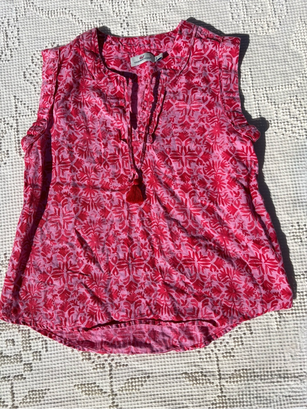 Vineyard Vines 100% Linen Split Neck Top Pink Floral Damask Tank Size Small